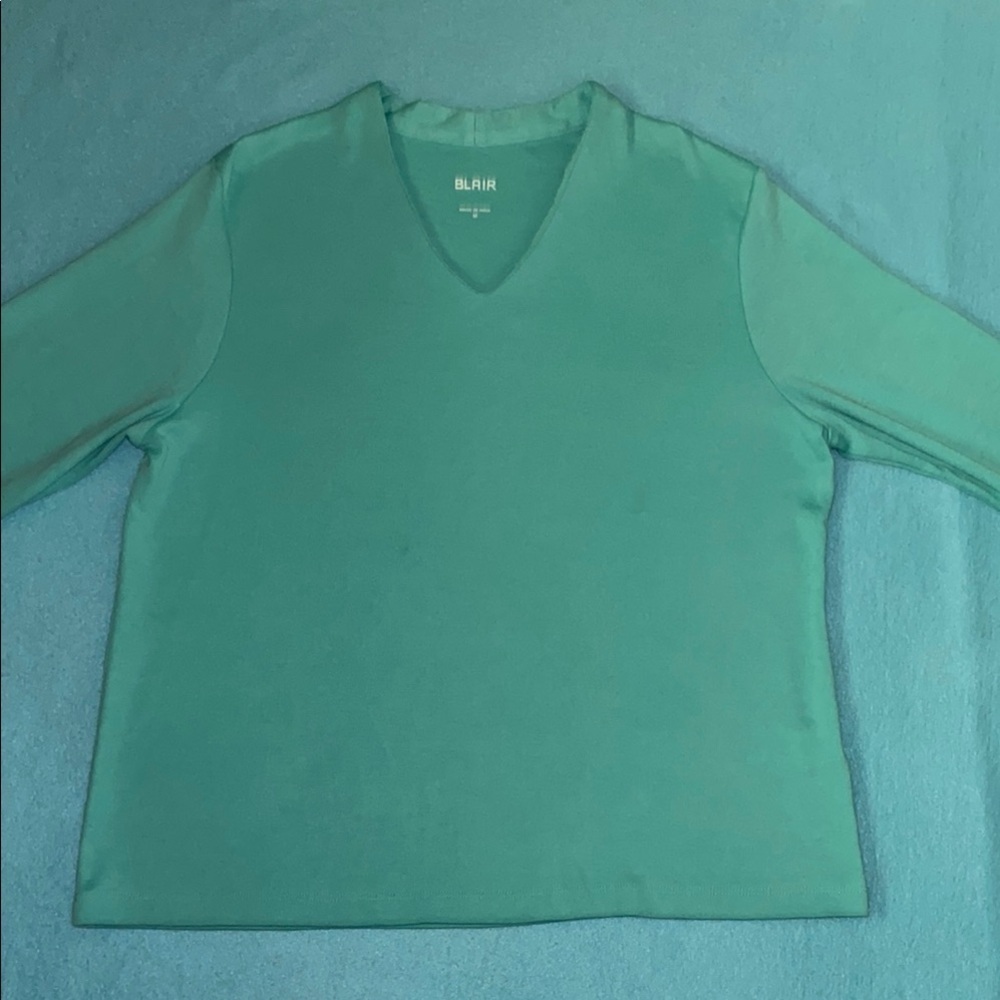 BLAIR V-neck top 3/4 sleeves light turquoise blue color soft cotton NEW size M